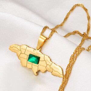 Jamaica Map Pendant Necklace Gold Tone with Green Stone
